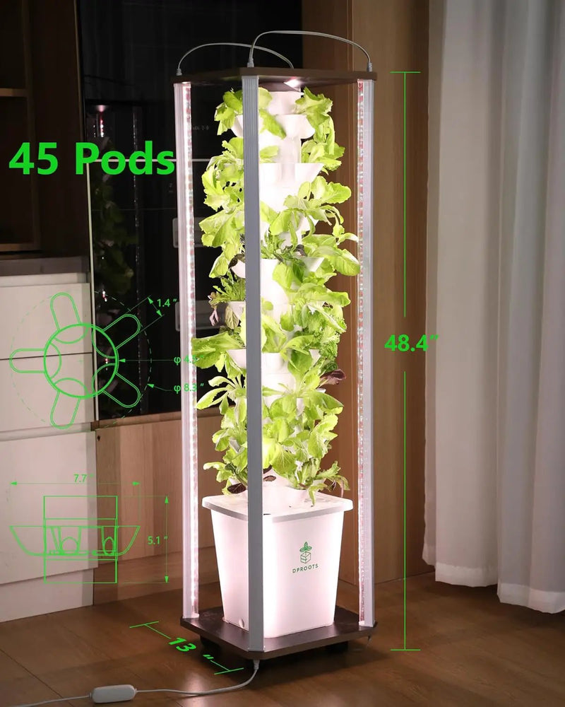 Hydroponics Tower Growing System，45 Pods Vertical Indoor Garden，360° Full-Spectrum Lights, Automatic Water Circulation System，Suitable for Leafy Greens and Herbs，Include Seed Starter Tray by GreenHaven Gardens
