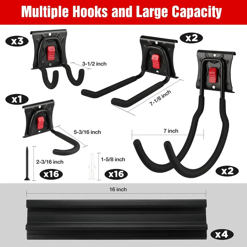 WORKPRO Garage Tool Organizer Wall Mount, Garage Organization Garden Tool Rack Holder System, 64-Inch 4 Rails with 8 Heavy Duty Adjustable Hooks for Hanging and Storage by GreenHaven Gardens
