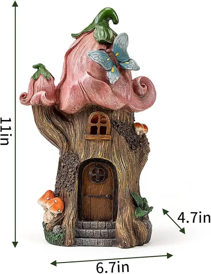 Fairy Garden Accessories Outdoor Statues, Mushroom House Decor,Large Gnome Solar Powered Lights Sculptures,Pink Resin Figurine Butterfly Figurines Lawn Ornaments for Patio Yard Decorations 11Inch by GreenHaven Gardens