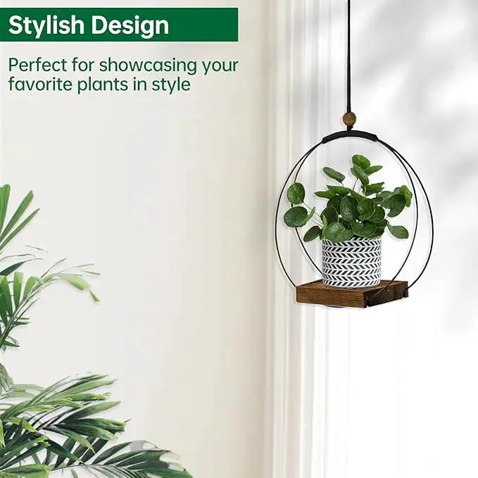 Hanging Planters for Indoor Plants, Black Plant Hanger Indoor with Sturdy Wood Base, Modern Boho Macrame Plant Hanger, Hanging Wall Ceiling Window Home Decor (Plants/Pots Not Included) by GreenHaven Gardens