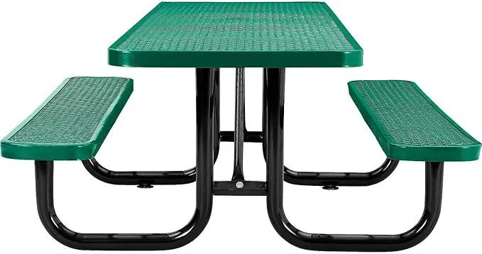 Global Industrial 8'L Rectangular Picnic Table, ADA Compliant, Expanded Metal, Green Thermoplastic Coating, Attached Benches, 1-1/2” Umbrella Pole Hole, Outdoor-Rated by GreenHaven Gardens