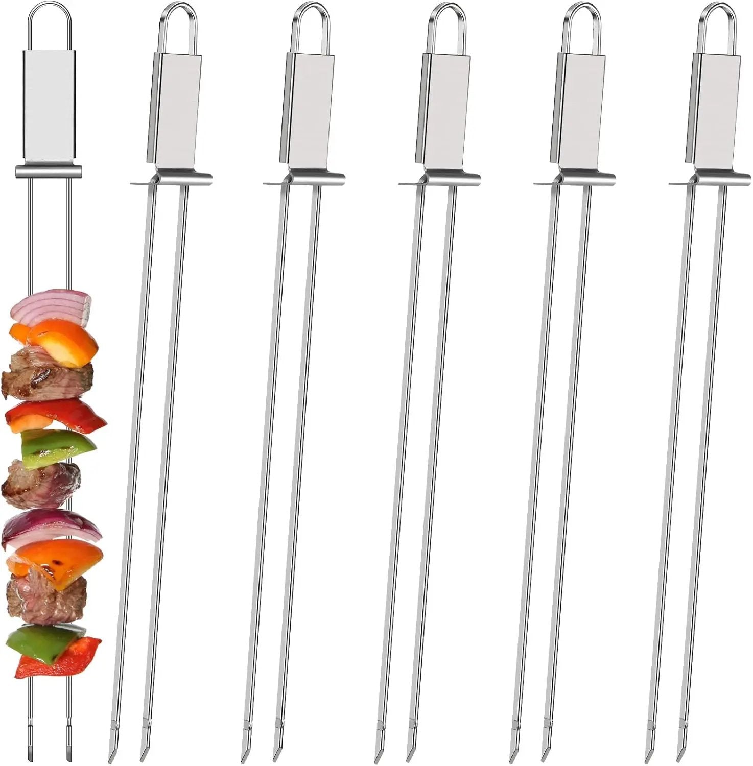 Lallisa Kabob Skewer for Grilling, Metal Stainless Steel BBQ Stick with Push Bar, Double Pronged Kebab Tool Quick Release Meat, Chicken, Vegetable and Fruit (6 Pieces), 2.8 x 32.5 cm/ 1.1 12.8 inch by GreenHaven Gardens