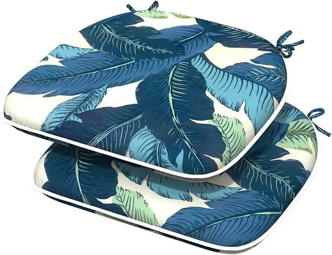 Indoor/Outdoor Chair Cushions 16x17 Inch, Patio Chair Cushions with Ties, All Weather Seat Cushions for Patio Furniture Home Garden Chair Use, Set of 2, Swaying Palms Blue by GreenHaven Gardens