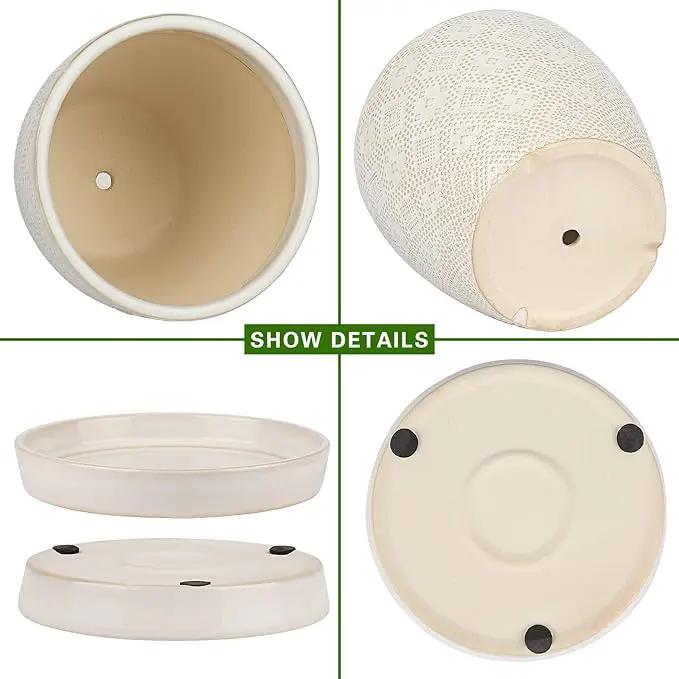 Docrin Ceramic Plant Pots Indoor, 6.6 + 5.5 Inch Planters with Drainage Holes and Saucer for Home/Office - Set of 2 /White