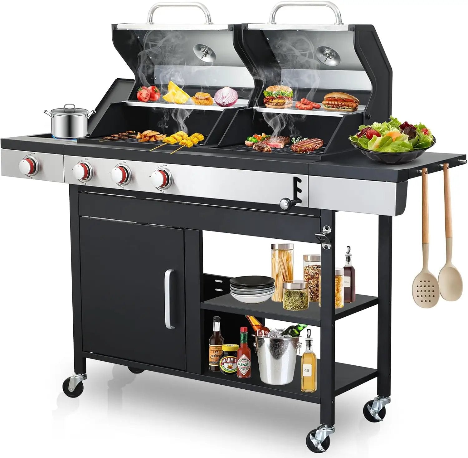 3-Burner Gas and Charcoal Combo Grill with Griddle Plate, 37,230 BTU, Stainless Steel & Enameled Grates, Side Burner + Storage Cabinet for Backyard, Tailgating, Teppanyaki by GreenHaven Gardens