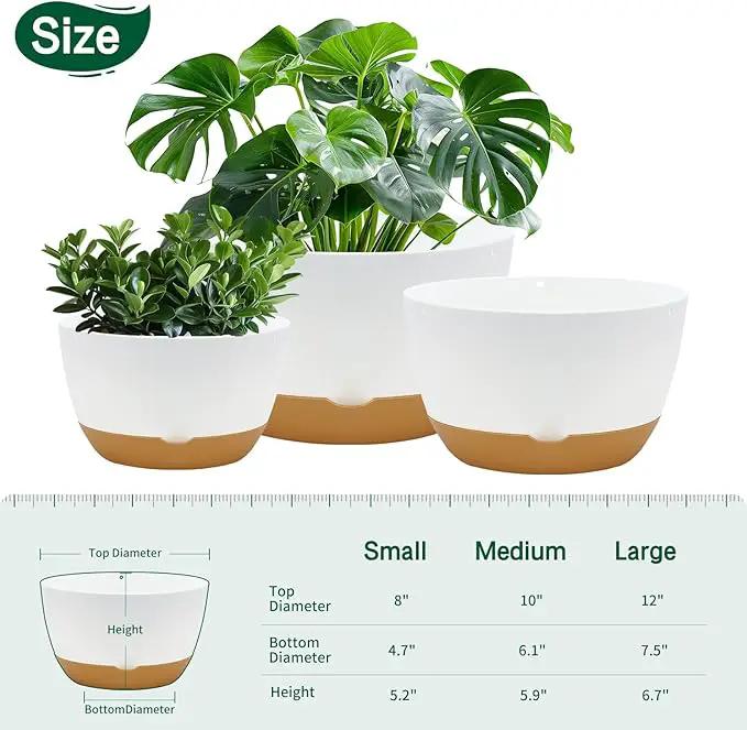8/10/12 Inch Pots for Indoor Plants, Large Self Watering Planters with Drainage and Saucers, Plastic Outdoor Flower Pot, Set of 3, White by GreenHaven Gardens