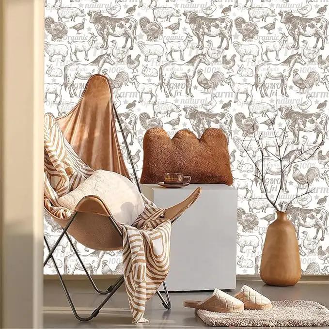 Boho Rustic Farm Animals Cow Rooster Horse Turkey Peel and Stick Wallpaper Self Adhesive Removable Easy Peel Off Stick on Wall Paper for Bedroom Cabinet Renter by GreenHaven Gardens