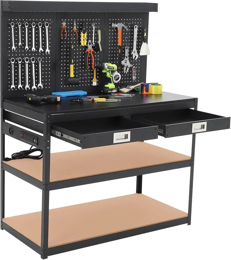 48'' 3-Tier Adjustable Workbench, Heavy Duty Workbench with Drawer and Backplate, 2000 LBS Capacity Work Table, Suitable for Office, Garage, Workshop by GreenHaven Gardens