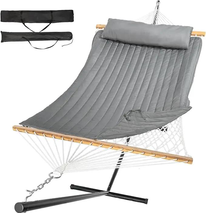 2 Person Outdoor Hammock with Stand, Cotton Rope Hammock with Polyester Pad, Adjustable Steel Frame, Portable with Carrying Bag – for Patio, Backyard, Garden, Beach, Urban-Gray by GreenHaven Gardens