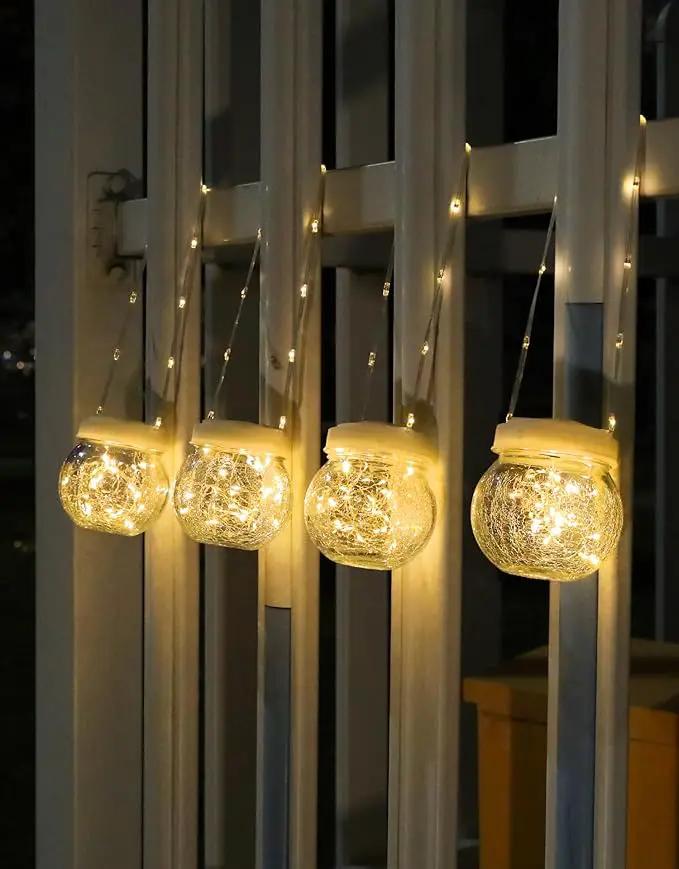 Solar Lantern Solar Lights Outdoor Waterproof 6-Pack, Solar Powered Hanging Lights Cracked Glass Hanging Globes for Christmas Decoration, Shepherd Hook, Garden Tree Ornaments, White Cap, Warm White by GreenHaven Gardens