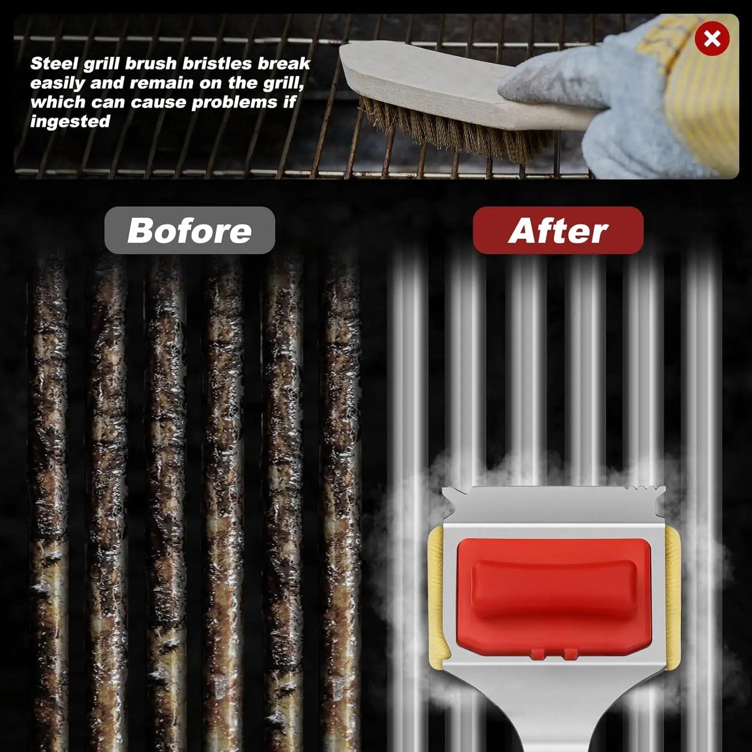Grill Brush Bristle Free - Cleaning with Steam Technology, Replaceable Brush Heads & Scraper Tool for Stainless-Steel Grates Grill Brush with Stainless Steel Spatula and Two Cleaning Brush Heads by GreenHaven Gardens