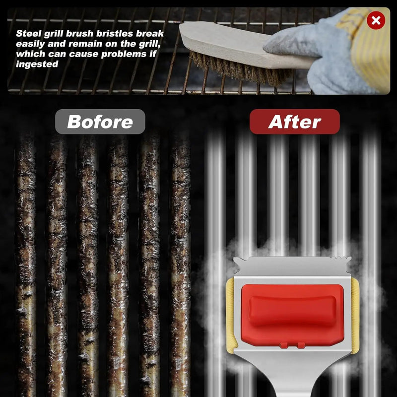 Steam Safe Grill Cleaning Brush Bristle Free and Scraper for Outdoor Grill with 15" Extended Handle, 3X Thick Aramid Fabric Replaceable Brush Heads, Triple-Groove Scraper Design for All Grates, Red by GreenHaven Gardens