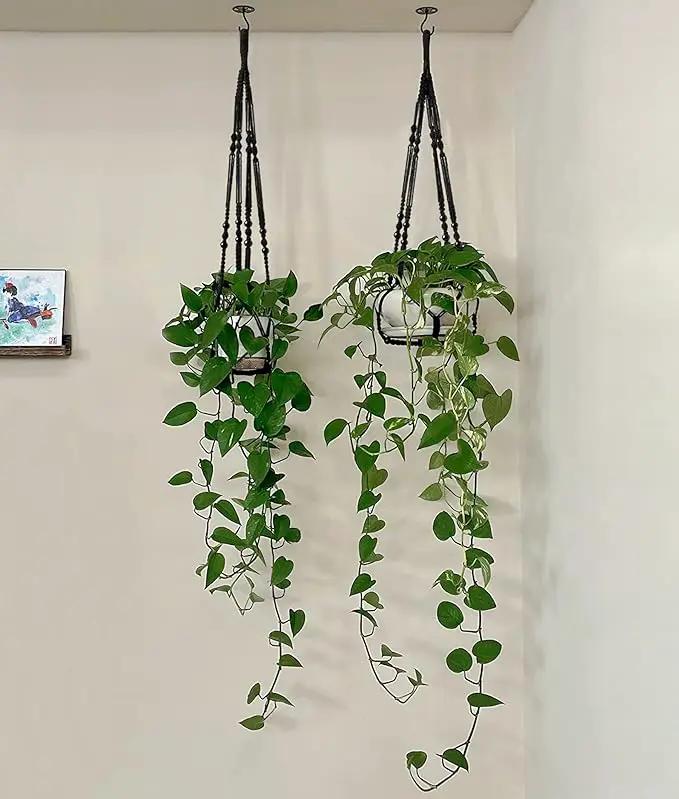 Mkono Macrame Plant Hanger Indoor Hanging Planter Basket with Wood Beads Decorative Flower Pot Holder No Tassels for Indoor Outdoor Boho Home Decor 35 Inch, Black, Set of 3 (POTS NOT Included) by GreenHaven Gardens