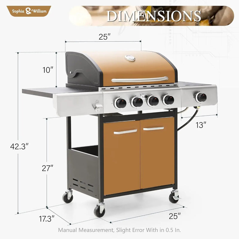 Sophia & William 4-Burner Gas BBQ Grill with Side Burner and Porcelain-Enameled Cast Iron Grates, 42,000BTU Propane Grills Outdoor Cooking Barbecue Grill Cabinet Style, Golden by GreenHaven Gardens