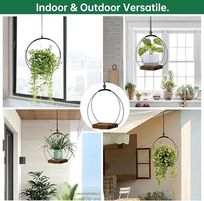 Hanging Planters for Indoor Plants, Black Plant Hanger Indoor with Sturdy Wood Base, Modern Boho Macrame Plant Hanger, Hanging Wall Ceiling Window Home Decor (Plants/Pots Not Included) by GreenHaven Gardens