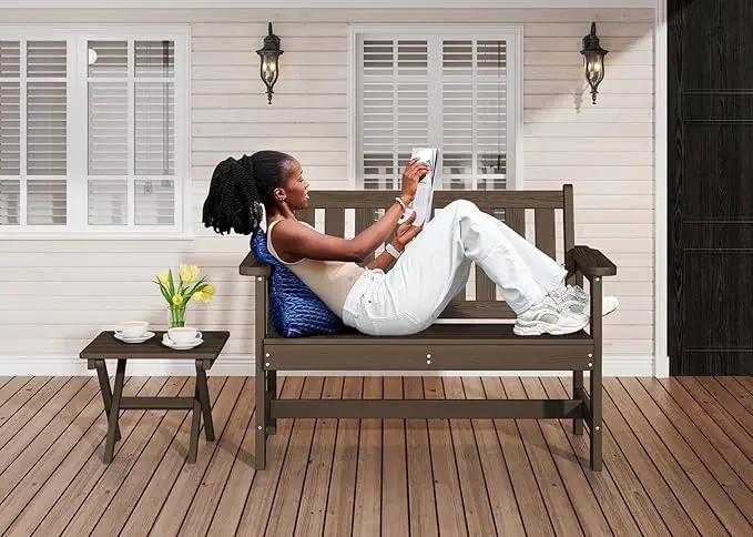 SERWALL Outdoor Bench, HDPE Outdoor Benches Weatherproof, 2-Person Garden Bench with 660 lbs Weight Capacity, Patio Benches for Outdoors, Garden, Porch, Backyard and Park, Coffee, 2 Pack by GreenHaven Gardens
