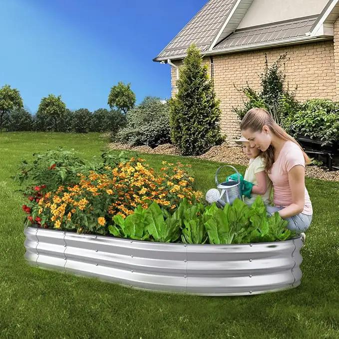 Raised Garden Bed, 8x4x1ft Galvanized Outdoor Planter Beds with Safety Edging and Gloves, Oval Metal Planter Box for Gardening Vegetables Flowers Herb by GreenHaven Gardens
