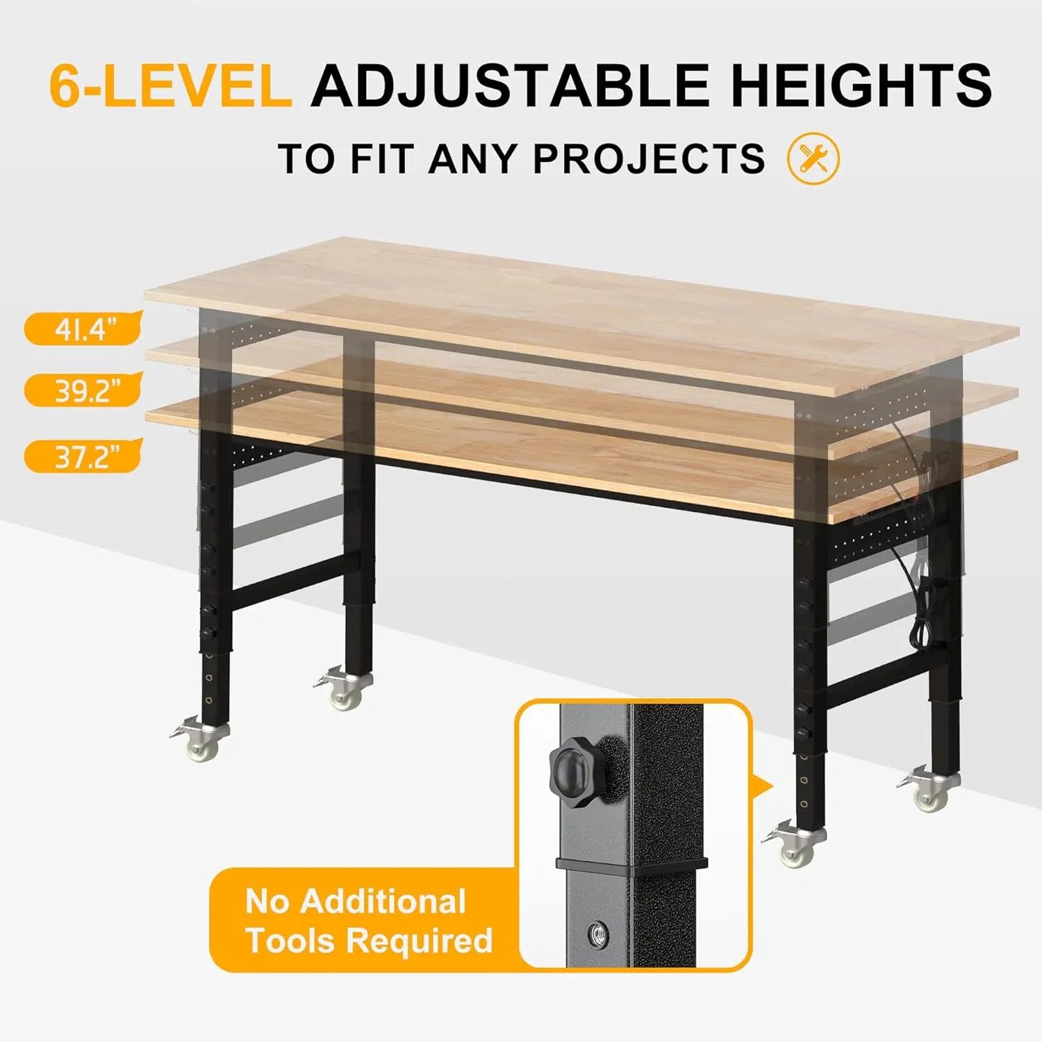 70’’ Work Bench Adjustable Workbench Heavy Duty Work Table with Power outlets, Pegboard, Wheels and Foot Pads, 2000 Lbs Capacity Hardwood Work Benches for Garage, Workshop, Office, Home by GreenHaven Gardens