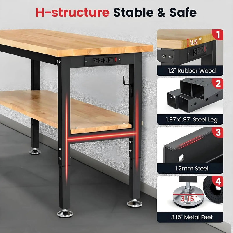 Workbench with Double Layers 48 x 20 Inch Heavy Duty Rubberwood Tabletop Work Table for Garage Adjustable Height Work Bench with Power Outlets Pegboard Pad for Woodworking Shop, Home, Office by GreenHaven Gardens