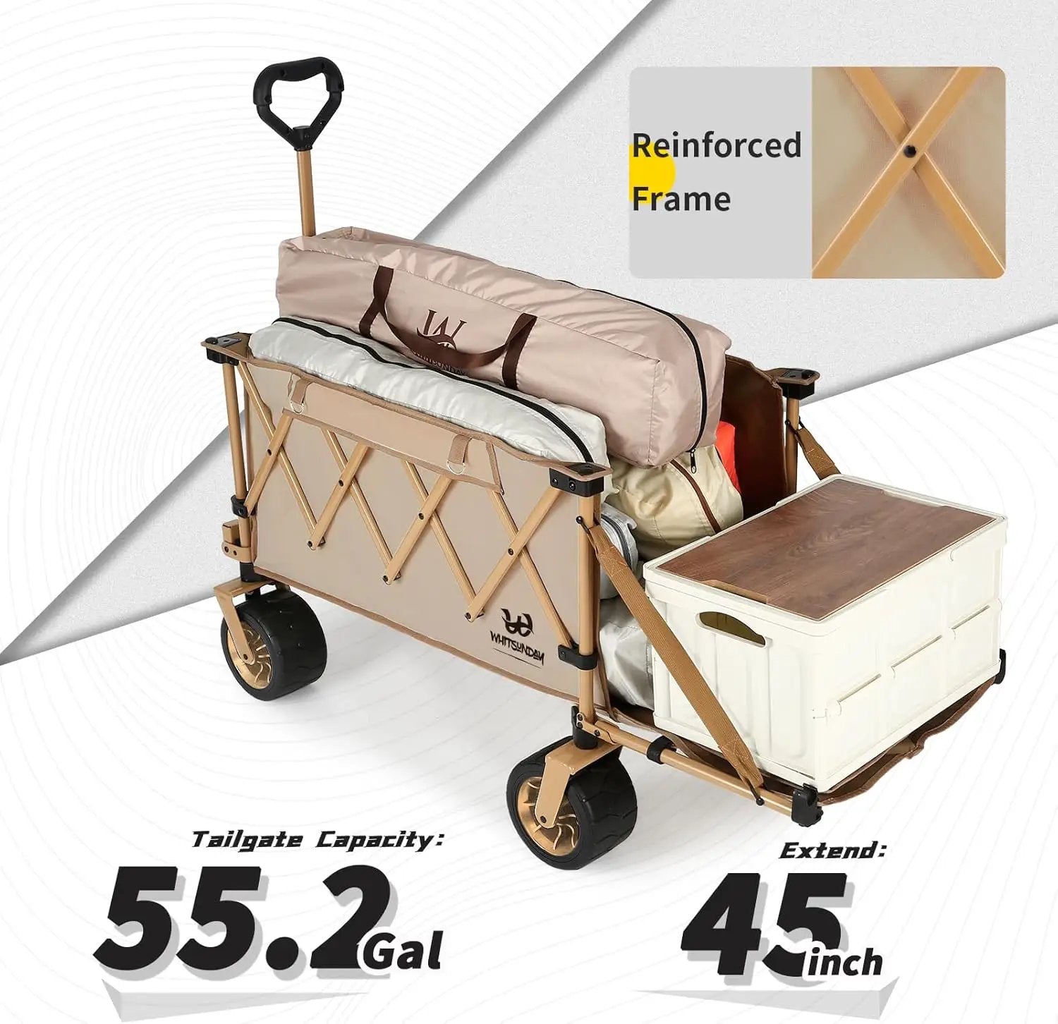 Whitsunday Collapsible Folding Wagon with Table,Heavy Duty Utility Beach Wagons with Opened Tailgate and All-Terrain Wheels for Camping,Garden,Sports Khaki by GreenHaven Gardens