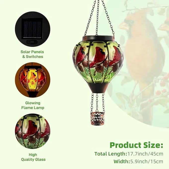 Cardinal Solar Hot Air Balloon Lantern with Flame, Glass Hot Air Balloon Solar Lantern Outdoor Waterproof, Hanging Hot Air Balloon Solar Light, Cardinal Gifts for Mom Woman Christmas by GreenHaven Gardens