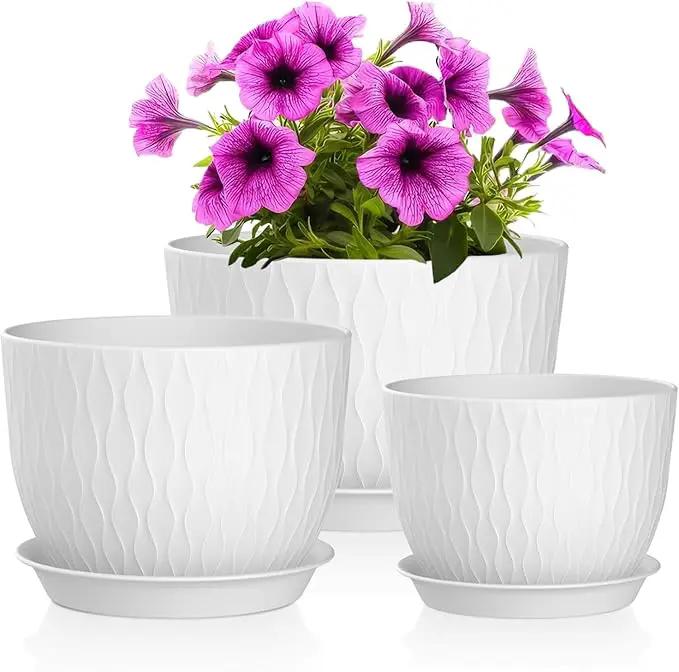 Plant Pots 12/10/9 Inch Pots, Set of 3 Plastic Planters with Drainage Holes and Saucers,Plastic Flower Pots,Nursery Planting Pot for Indoor Out Door Plants（White） by GreenHaven Gardens