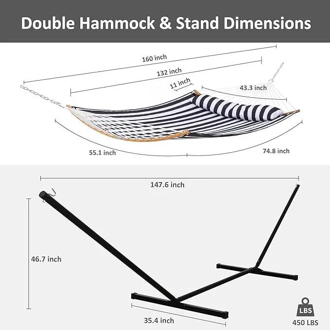 SUNCREAT Hammocks Extra Large Hammock with Stand Included, Double Hammock with Curved Spreader Bar, Black Stripes by GreenHaven Gardens