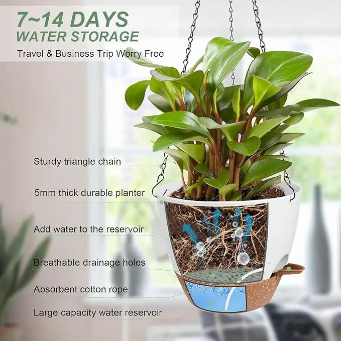 Hanging Planters for Indoor Outdoor Plants, 2 Pack Self Watering Hanging Pot with Drainage Holes & Removable Tray (White, 10'') by GreenHaven Gardens