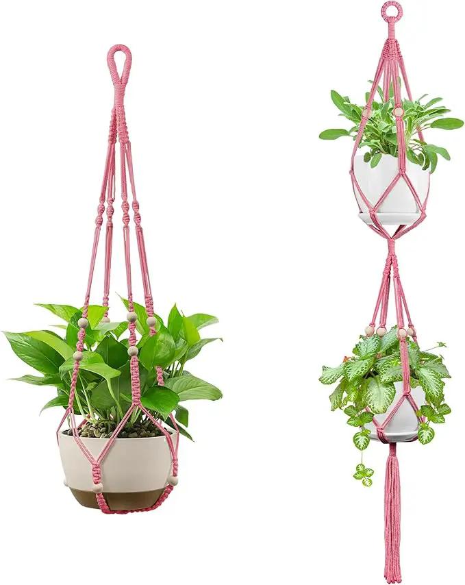 USLAI Macrame Plant Hanger Indoor Outdoor, Up to 4-15 inch Pot, Heavy 20lb Planters, Extra Long Strong Hanging Planter Basket Holder, Boho Home Decor, 35+49 Inch, Pink (POTS NOT Included) by GreenHaven Gardens