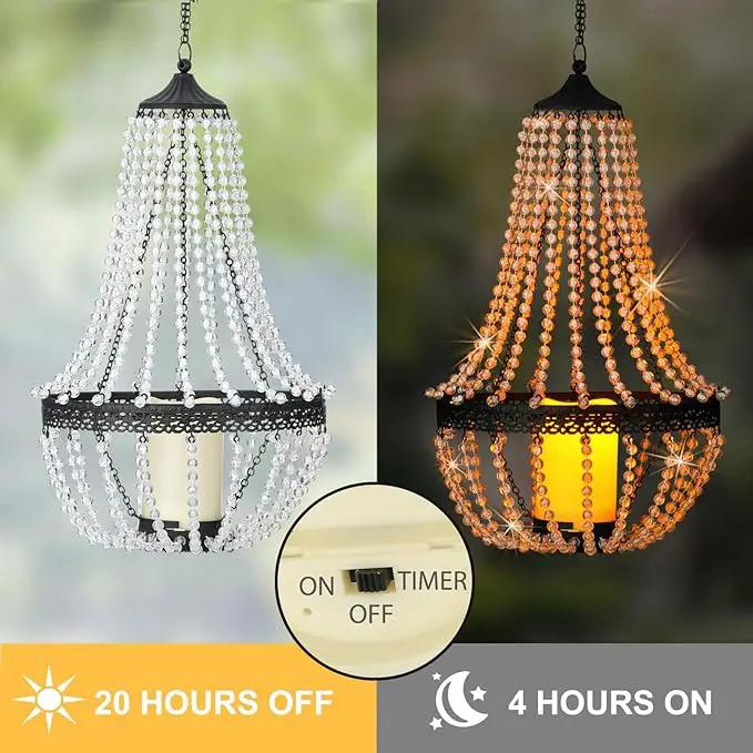 Hanging Candle Chandelier Outdoor, Battery Operated Clear Acrylic Beaded Chandelier with Flickering Led Candle Light S Hooks Modern Lantern for Garden Yard Patio Gazebo Room Indoor Decorations, 27”H by GreenHaven Gardens