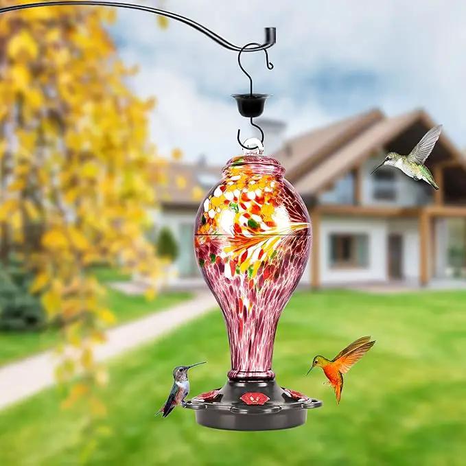 LUJII Hand Blown Glass Hummingbird Feeder for Outdoors Hanging with Ant Guard, 36 fl.oz, Leak Proof & Rustproof, Metal Base with 5 Feeding Ports & 5 Perches, Unique Garden & Backyard Decor (Purple) by GreenHaven Gardens
