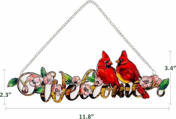 Welcome with Red Cardinal Suncatcher Red Bird Stained Glass Suncatchers Window Hanging Ornament for Home Decor Indoor Wall Art for Mother's Day Women Mom Birds Lovers Friends (Welcome) by GreenHaven Gardens