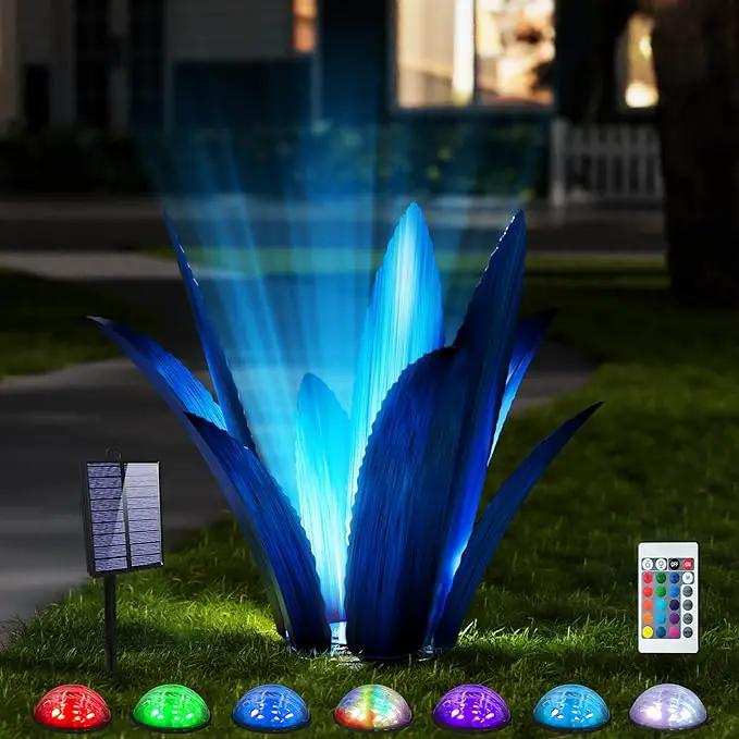 Upgraded Large Metal Yard Art, Metal Agave Plant Yard Decorations Outdoor Sculpture, Metal Flowers for Outside, Waterproof Outdoor Garden Decor (Blue (W/Solar Light)) by GreenHaven Gardens
