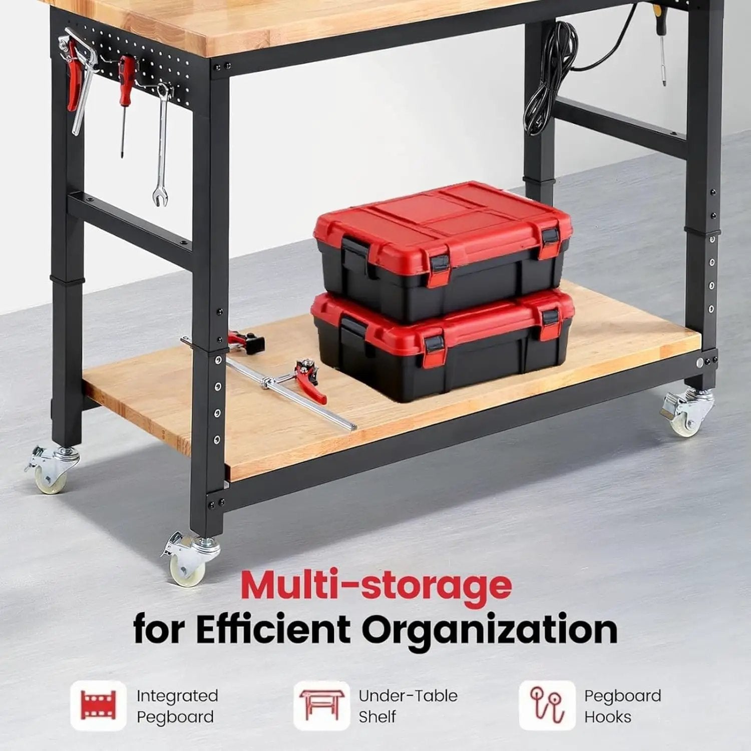 Workbench with Wheels 60 x 22 Heavy Duty Rubberwood Tabletop Work Bench Adjustable Height Garage Work Table with Under Table Shelf, Sided Pegboard, Power Outlets for Home Office by GreenHaven Gardens
