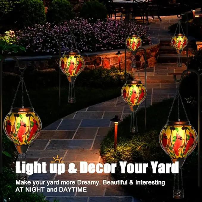Hot Air Balloon Solar Lantern - Cardinal Bird Glass Lantern with Simulated Flickering Flame, Outdoor Hanging Yard Light Waterproof IP65 & Weather Resistant for Garden Patio Lawn Porch Decor Gfit by GreenHaven Gardens