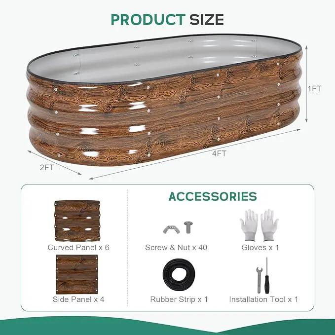 Galvanized Raised Garden Bed Outdoor - 4×2×1ft Planter Raised Beds for Gardening | Oval Metal Garden Planter Box with Safety Edging and Gloves for Vegetables Fruits and Flowers - Grain by GreenHaven Gardens