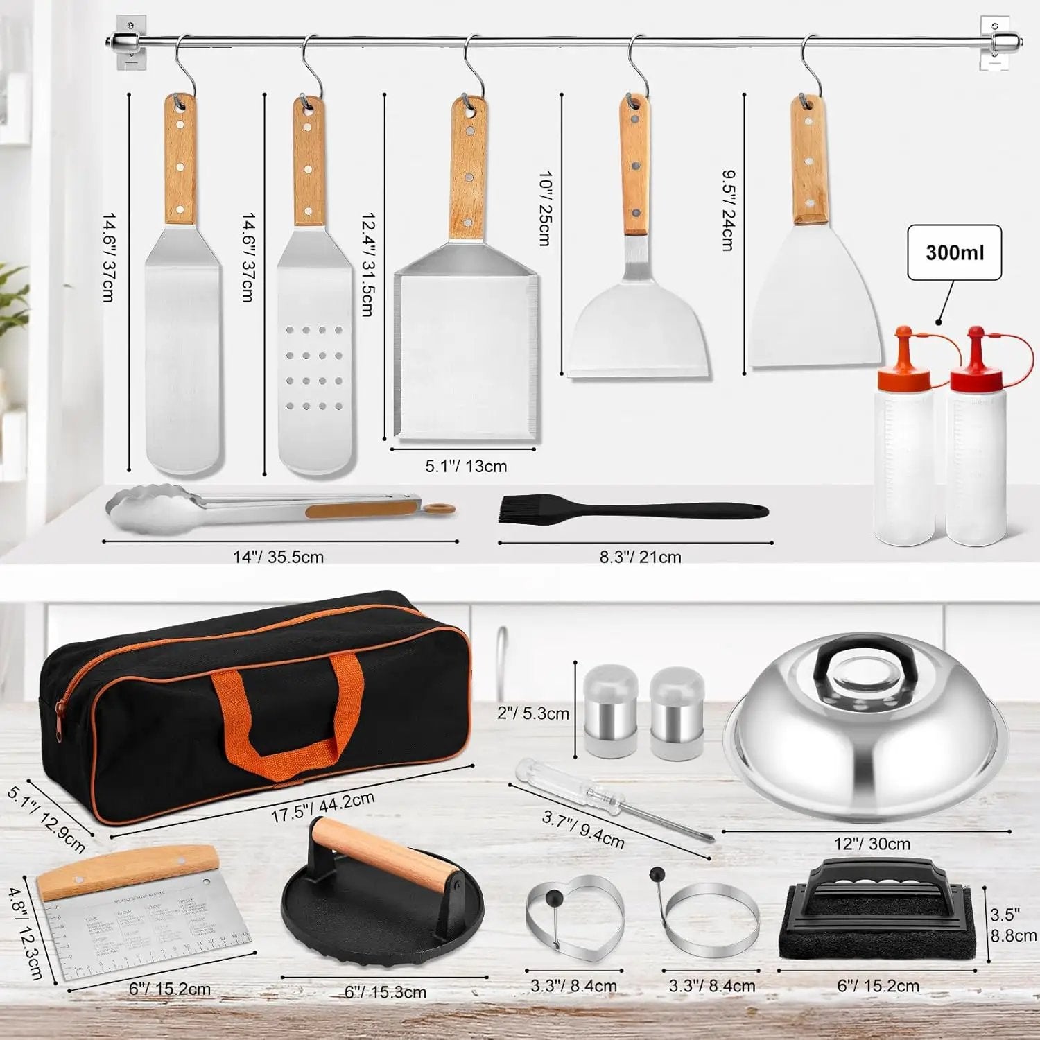 Griddle Accessories Set of 25, Leonyo Flat Top Grill Accessories, Professional BBQ Tool with Enlarged Spatulas Scraper, Basting Cover, Smash Burger Press, Carry Bag for Outdoor Barbecue, Wood Handle by GreenHaven Gardens