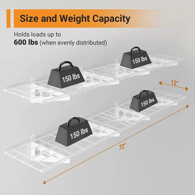 1x6 ft Garage Shelving, 2-Pack Wall-Mounted Shelves for Garage, Kitchen, Pantry Storage, 600 lbs Total Load Capacity Wall Shelving, White by GreenHaven Gardens