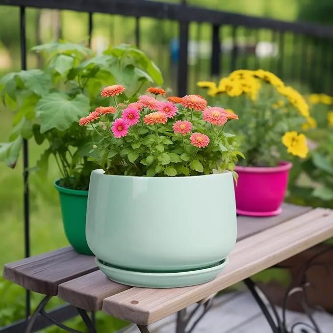 G EPGardening Ceramic Pots for Plants - 9 Inch Ceramic Planter with Drainage and Saucer, Round Planter for Indoor Outdoor Plants, Modern Flower Pots, Garden Decor, Birthday Gifts, Green by GreenHaven Gardens