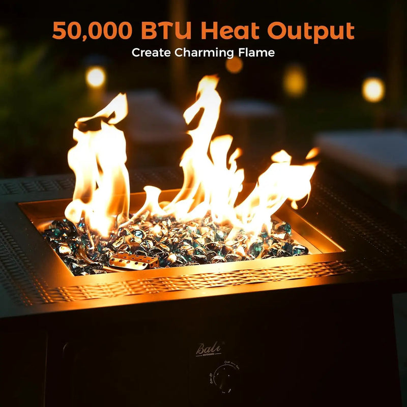 BALI OUTDOORS Gas FirePit Table, 28 inch 50,000 BTU Square Outdoor Propane Fire Pit Table with Lid and Blue Fire Glass by GreenHaven Gardens