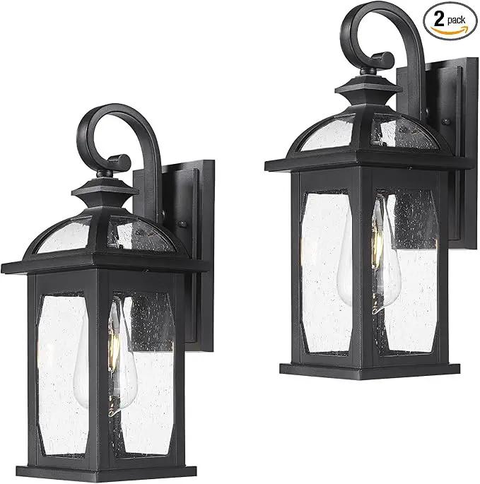 zeyu 2 Pack Outdoor Wall Lantern for Porch, 15 Inch Patio Wall Light Fixture Exterior Lights for House, Die-Cast Aluminum, Black Finish with Seeded Glass, ZD100B-2PK BK by GreenHaven Gardens