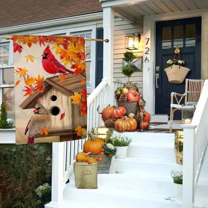 BLKWHT Fall Cardinal Bird House Flag 28x40 Vertical Double Sided Maple Leaves Welcome Autumn Thanksgiving Holiday Outside Decorations Burlap Yard Flag BW829-40 by GreenHaven Gardens