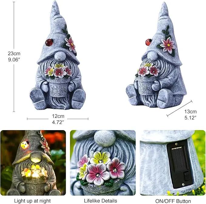 Goodeco Sitting Gnome Holding Flower Statue - Solar Garden Gnomes Decor for Outside with LED Lights, for Women or Moms, Housewarming Gnome Decorations by GreenHaven Gardens