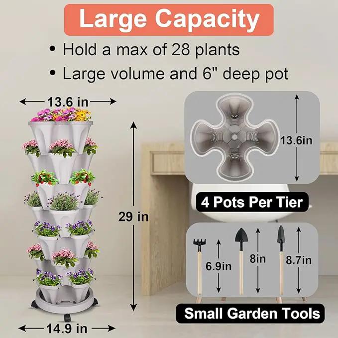 Vertical Planter 7 Tier Stackable Planters Garden Planters Strawberry Herb Flower and Vegetable Planter Indoor Outdoor Gardening Pots with Removable Wheels and Tools 2-Pack by GreenHaven Gardens