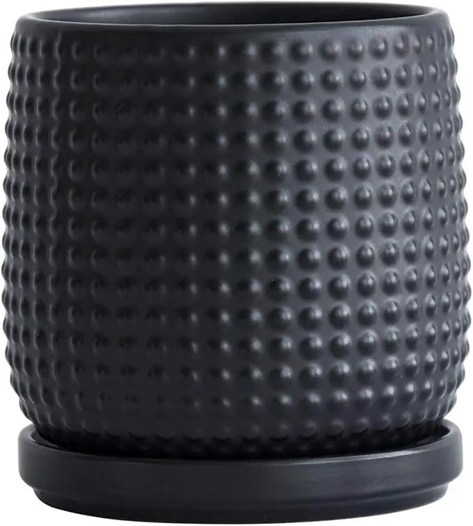 D'vine Dev 4 Inch Ceramic Beaded Stoneware Planter Pot - Flower Pot with Drainage Holes and Saucers for Indoor Succulent Plants or Flowers, Ebony Matte, 27-C-Z-6 by GreenHaven Gardens