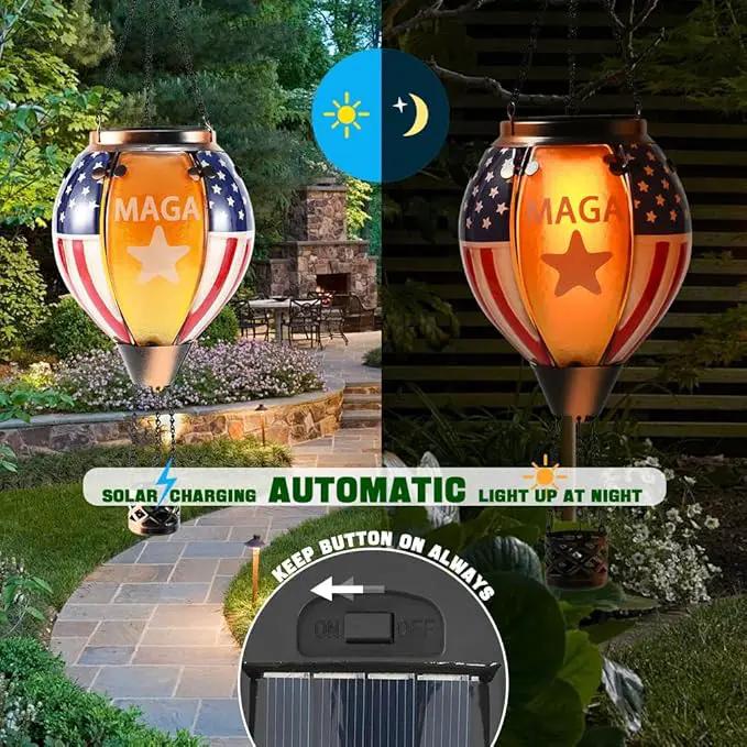 U.S Flag Hot Air Balloon Solar Lantern - MAGA Simulated Flickering Flame Stained Glass Light for Outdoor, Yard Hanging/ Waterproof IP65, Ideal 4th of July Gift for Patriot Veterans Patio Decor by GreenHaven Gardens