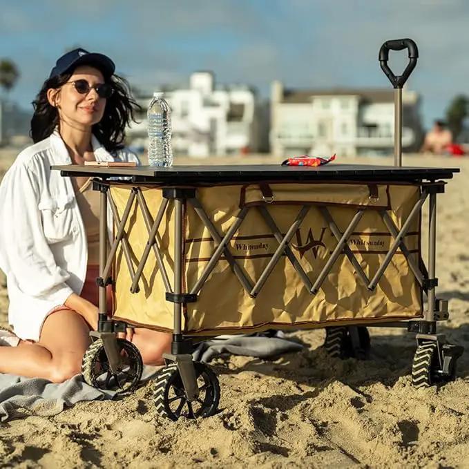 Whitsunday Folding Collapsible Wagon Cart, Beach Heavy Duty Wagon with Table,Utility Grocery Cart for Camping Sports Outdoor Shopping Park Khaki by GreenHaven Gardens