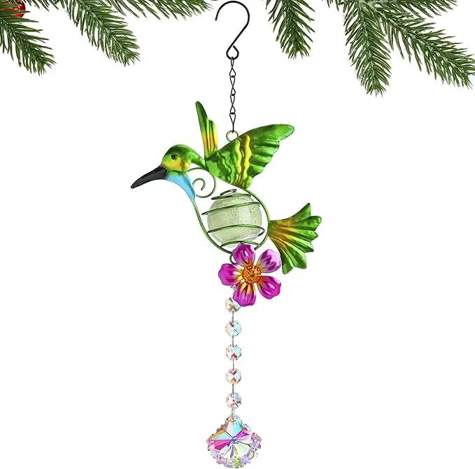 Stained Metal Hummingbird Suncatcher, Window Crystal Prisms Sun Catcher Hanging Ornament Rainbow Maker Bird Garden Wall Art Fence Decorations by GreenHaven Gardens