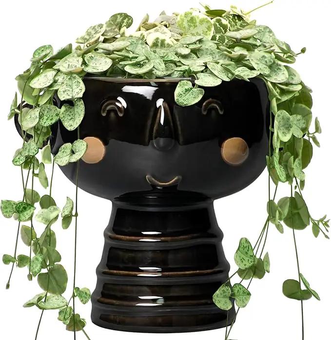 Face Planter - 7 Inch Ceramic Head Planters for Indoor Plants Outdoor, Cute Succulent Pots with Drainage Hole, Decorative Plant Pot, Home Office Room Decor, Black by GreenHaven Gardens