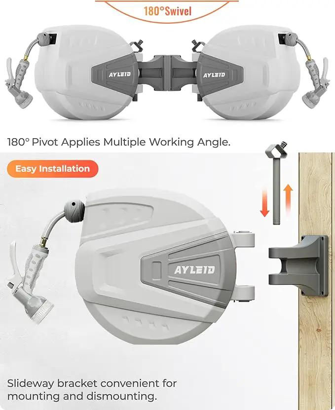 Ayleid Retractable Garden Hose Reel,1/2 in x 65 ft Wall Mounted Hose Reel, with 9- Function Sprayer Nozzle, Any Length Lock/Slow Return System/Wall Mounted/180°Swivel Bracket (Grey) by GreenHaven Gardens